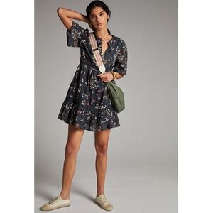 Anthropologie Lori Tunic Dress Size S Floral Blue Prairie Cottagecore Romantic